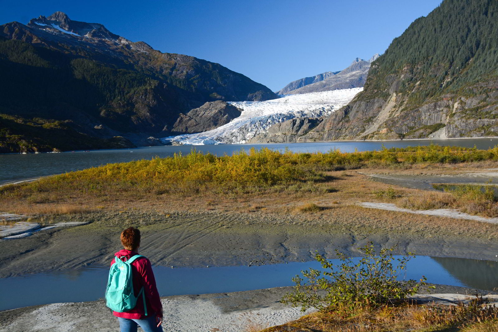 An image of a woman looking at the Mendenhall Glacier near Juneau, Alaska