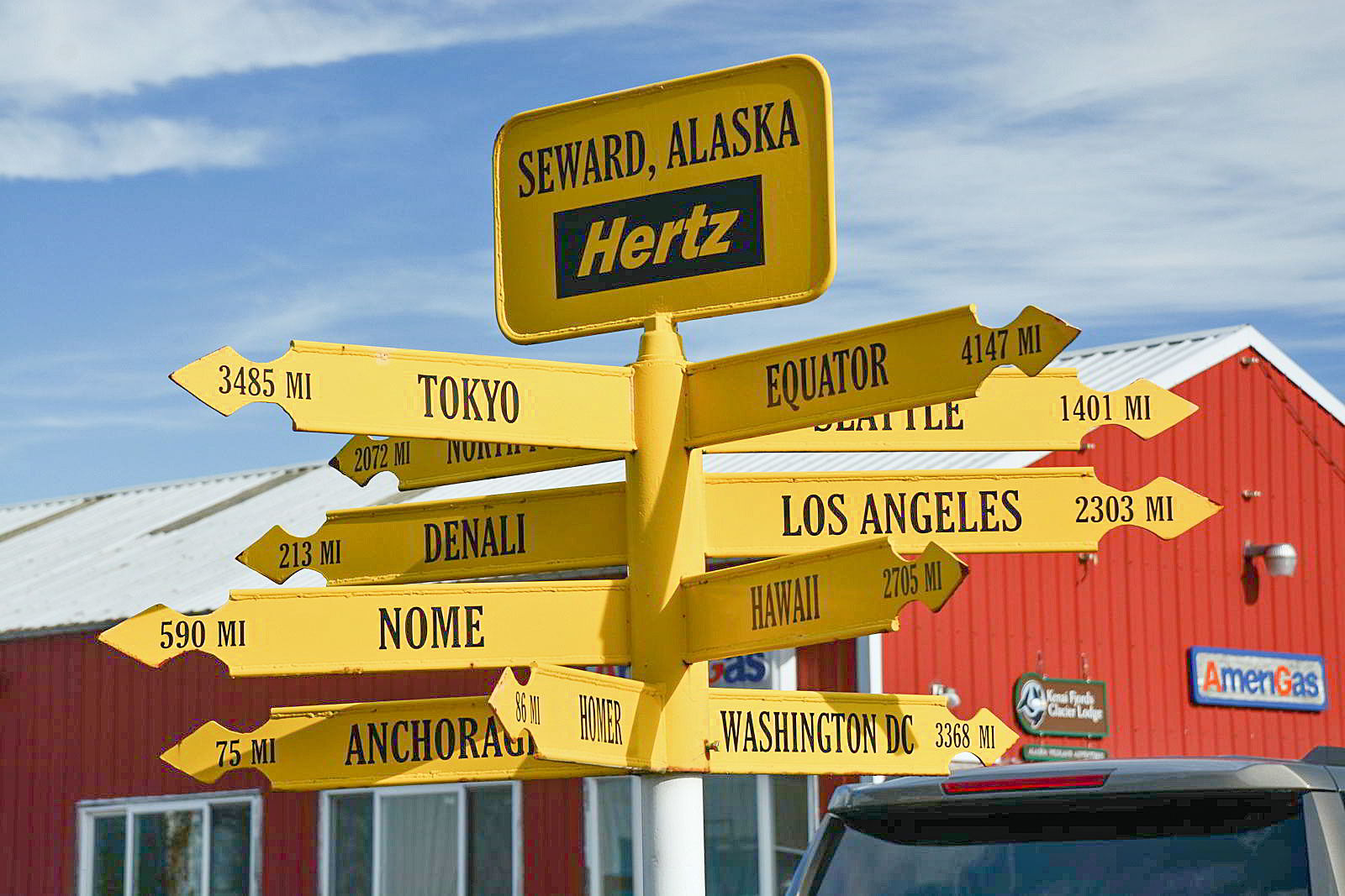 An image of a directional sign in Seward, Alaska - funny travel articles.