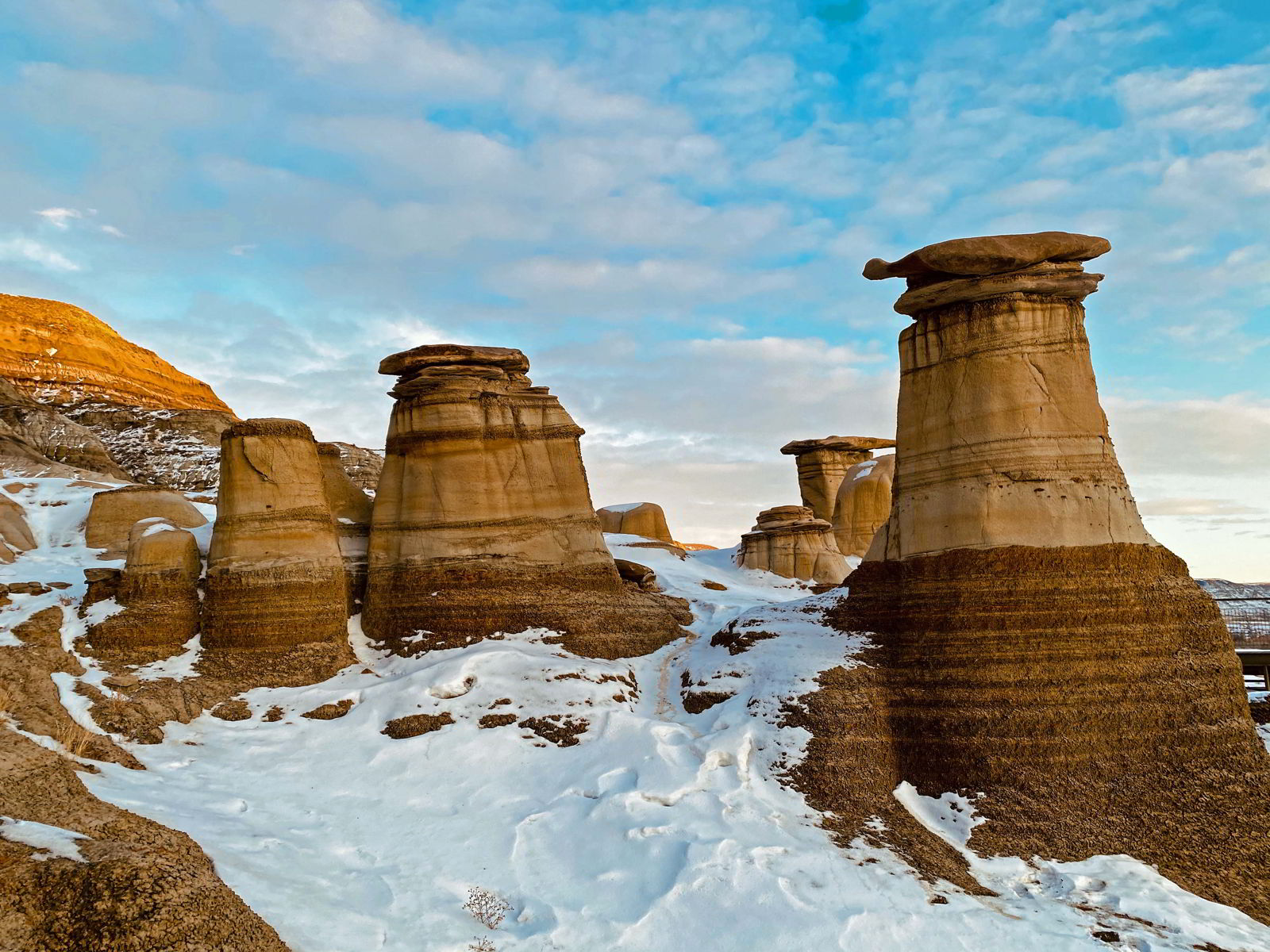 An image of the Drumheller hoodoos in winter taken in Drumheller, Alberta.