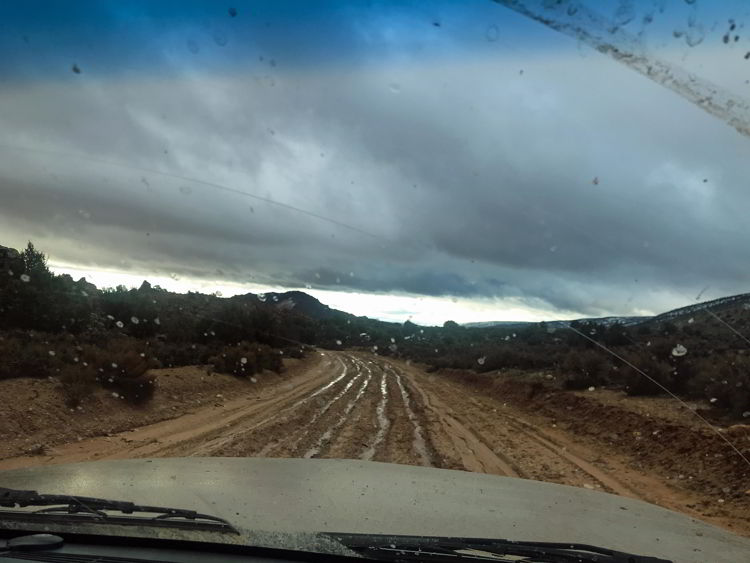 An image of a muddy road on the drive to the wave hike in Arizona, USA. 