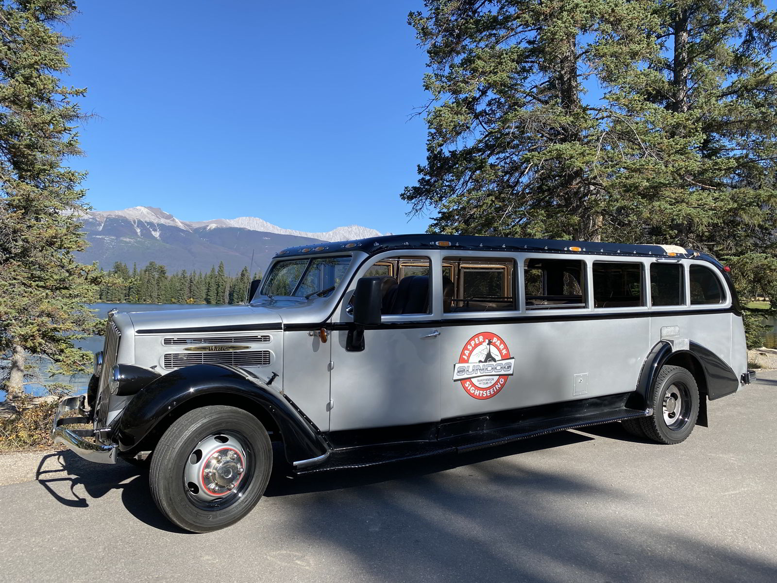 An image of the antique jammer bus owned by SunDog Tours in Jasper National Park, Alberta, Canada.