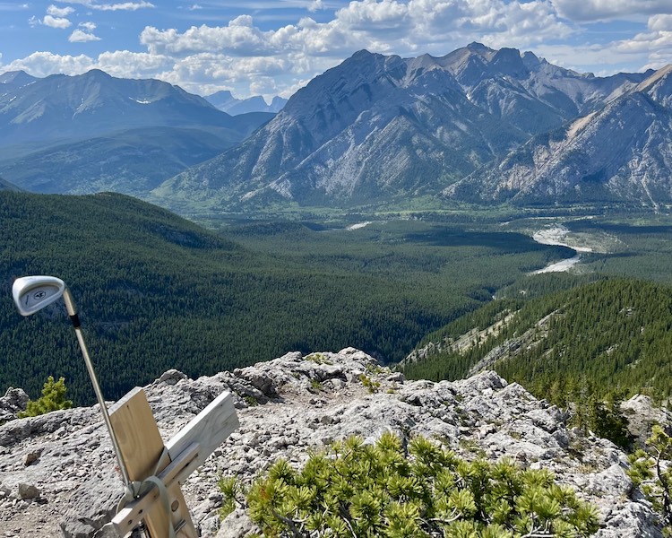 A golf club memorial near the top of Porcupine Ridge in Kananaskis.