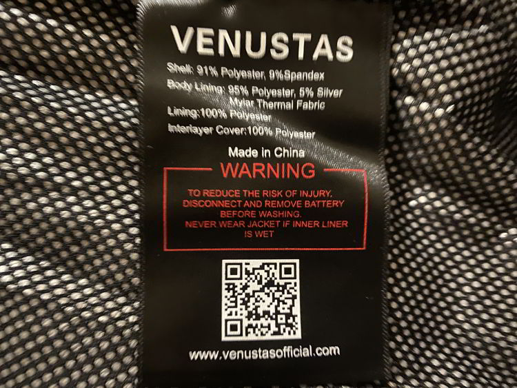 An image of the label from the Venustas heated jacket.