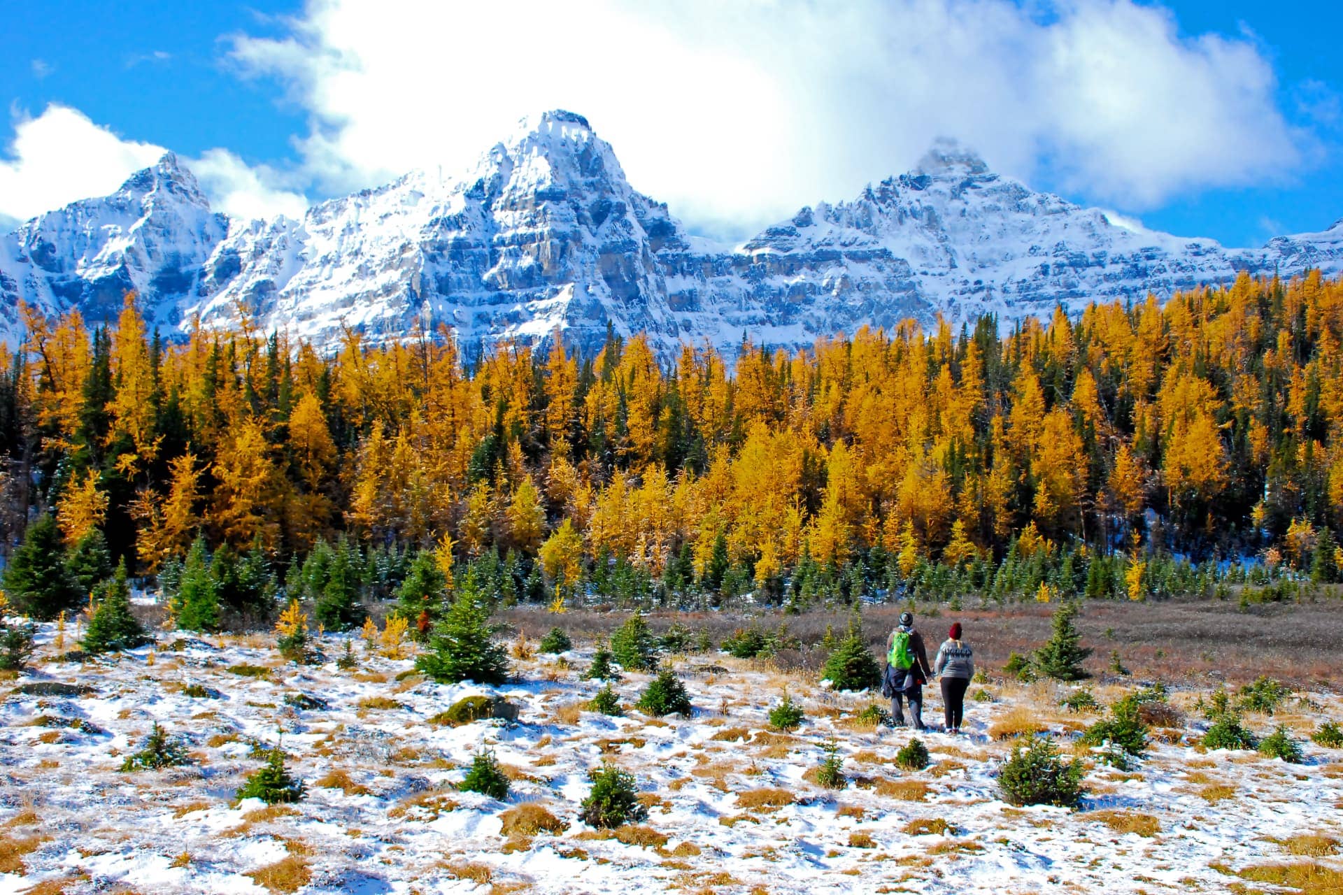 Two people standing on snow covered ground with yellow leaf trees and mountains in background