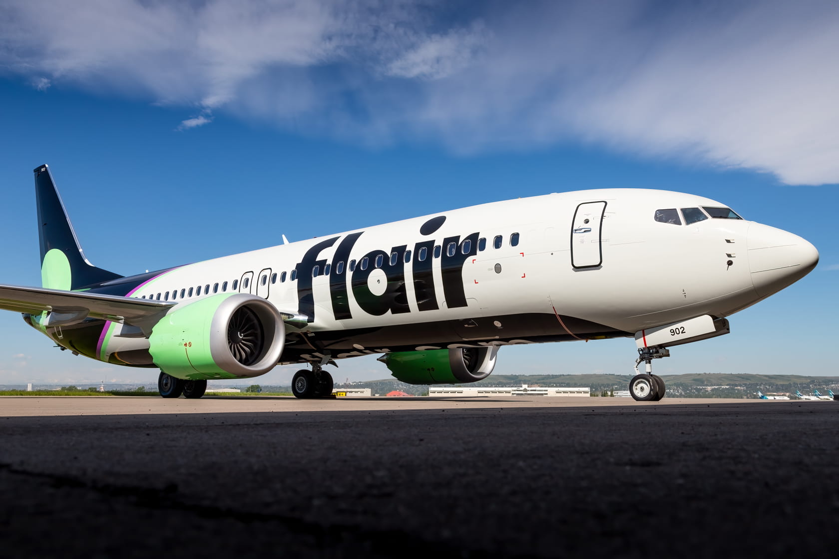 An image of a Flair Airlines airplane taking off.