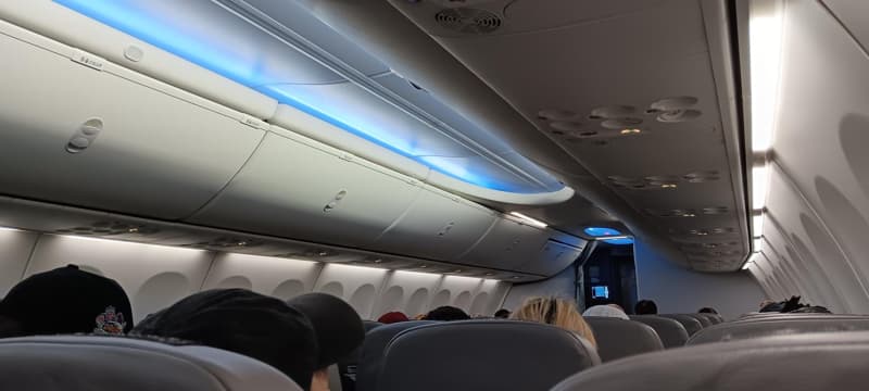 An image of the interior of a Flair Airlines airplane. 